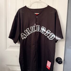 Black Mesh Baseball-Style Jersey with White Script Detail